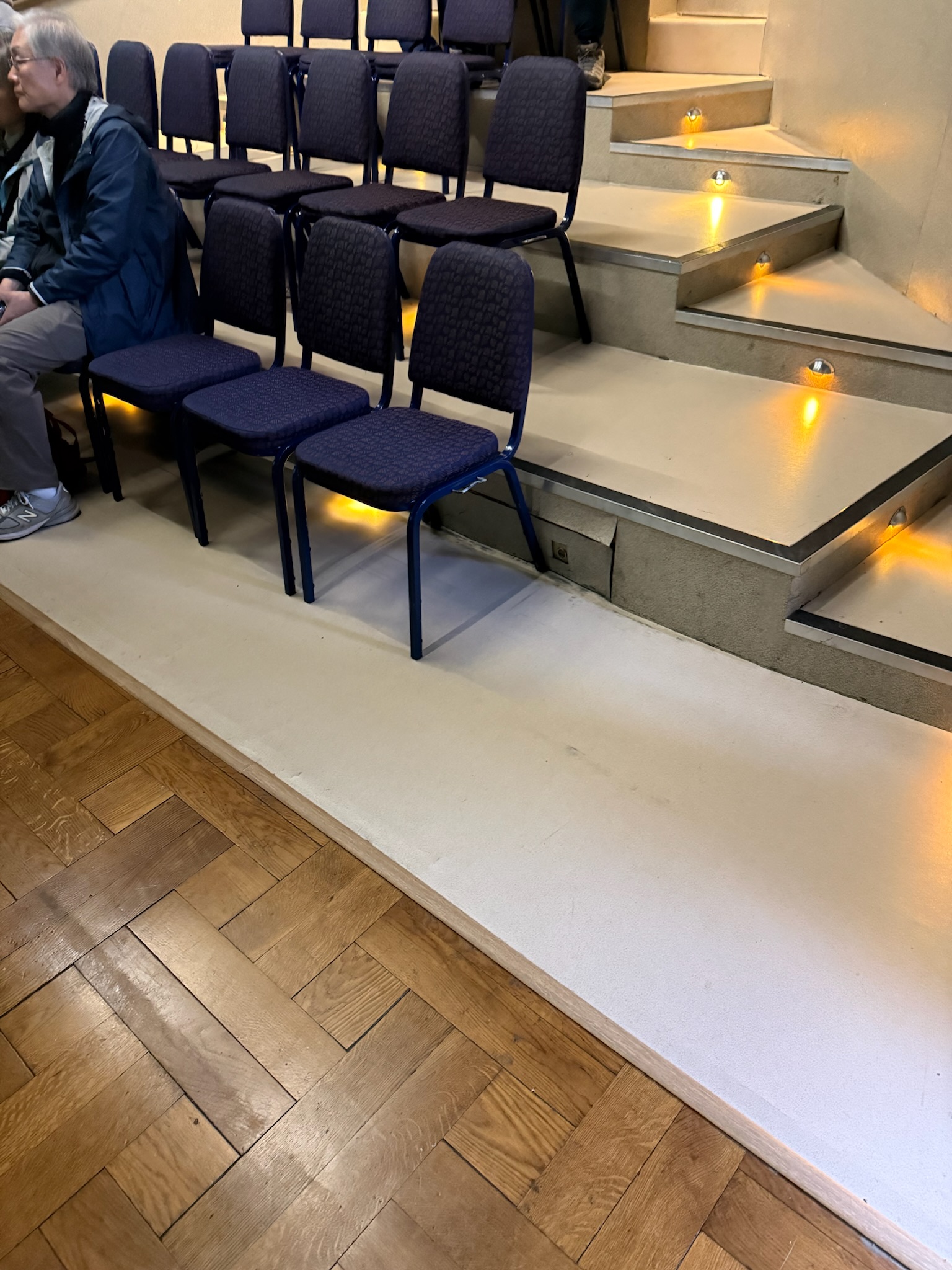 multiple blue chairs in room for video screening